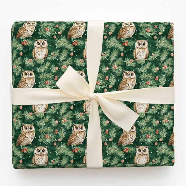 Woodland Bird Gift Wrap, Winter Owl Christmas Wrapping Paper, Rustic Pine and Berry Holiday Paper, Forest Animal Present Wrap