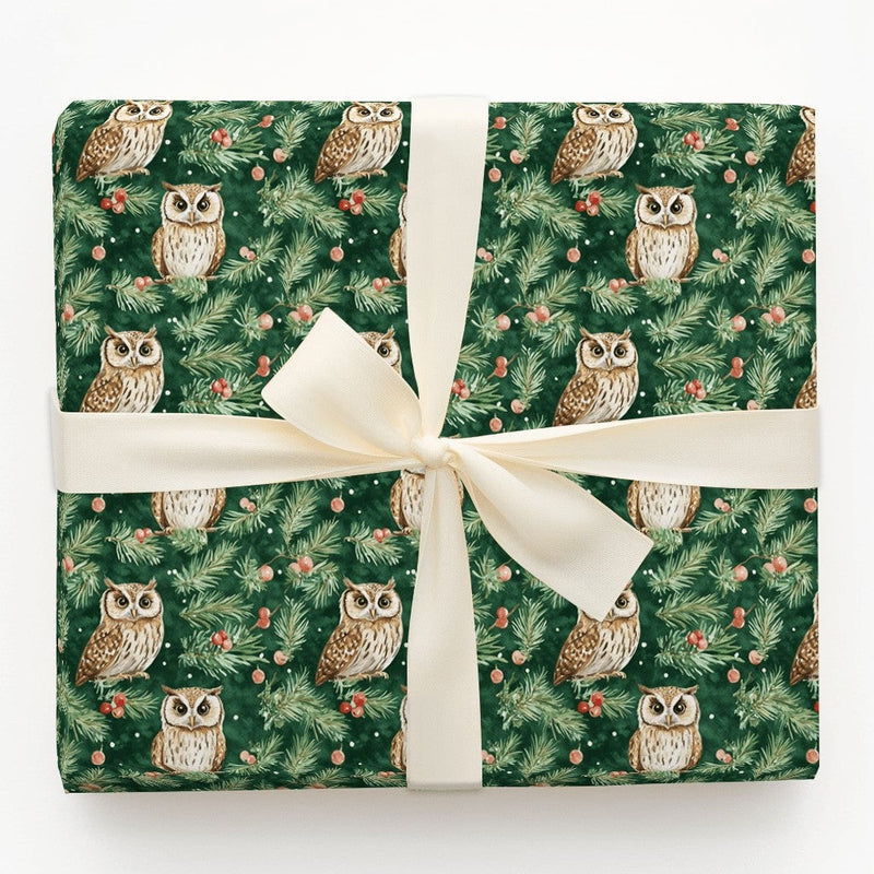 Woodland Bird Gift Wrap, Winter Owl Christmas Wrapping Paper, Rustic Pine and Berry Holiday Paper, Forest Animal Present Wrapping Paper