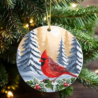 Winter Snowy Forest Bird Tree Ornament, Red Cardinal Ceramic Ornament, Cardinal Christmas Ornament, Wildlife Bird Lover Holiday Present