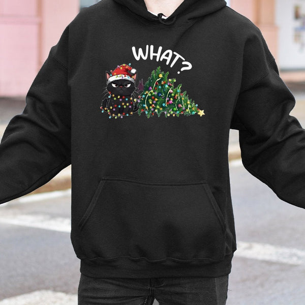Humorous Cat with Holiday Lights Hoodie, Grumpy Black Cat Christmas Hoodie, Sarcastic Christmas Cat Mom Pullover, Adorable Xm