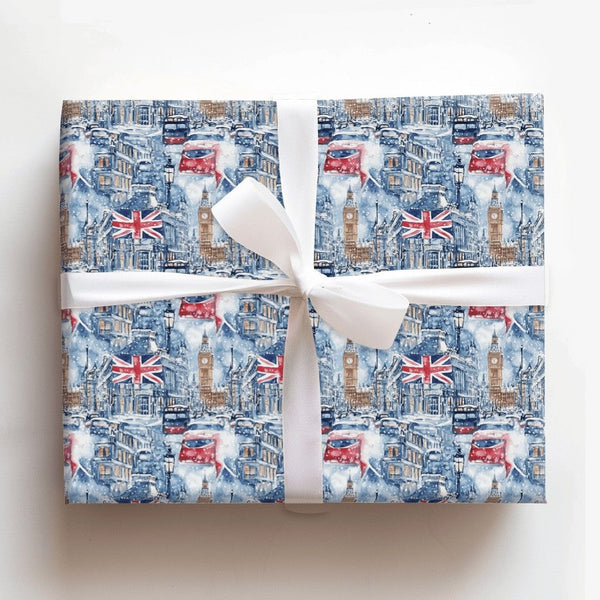 Snowy Big Ben Red Bus Gift Wrap, London Christmas Wrapping Paper, British Flag Cityscape Present Paper, London Xmas Wrapping 