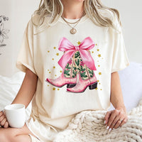 Western Holiday T-Shirt, Pink Cowboy Boots Christmas Shirt, Adorable Bow Graphic Tee, Country Cowgirl Christmas Shirt