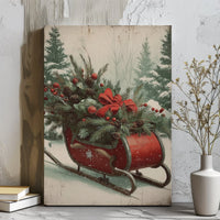 Rustic Red Sled Snowy Pine Canvas, Vintage Christmas Sleigh Canvas Wall Art Print, Festive Holiday Farmhouse Digital Download Decor