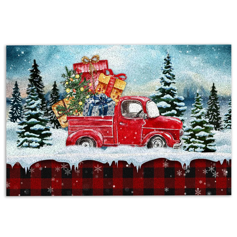 Buffalo Plaid Tartan Welcome Mat, Christmas Red Truck Doormat, Winter Christmas Entryway Mat, Farmhouse Christmas Floor Mat, Holiday Present