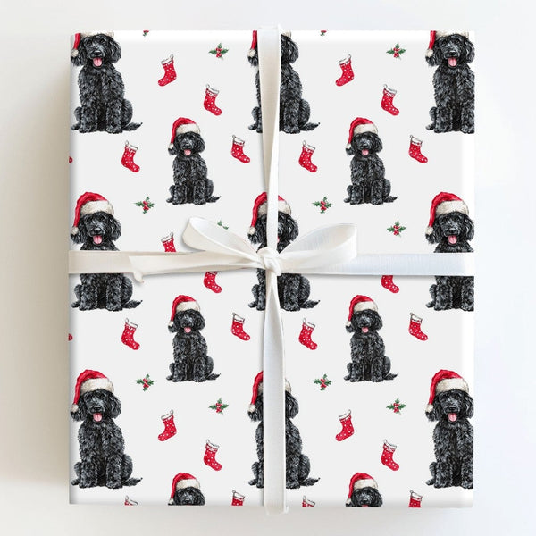 Dog Santa Hat Gift Wrap, Black Poodle Christmas Wrapping Paper, Holiday Puppy Wrapping Paper Roll, Pet Lover Xmas Gift Wrap R