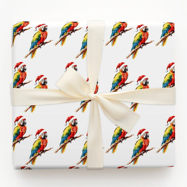 Macaw Tropical Holiday Gift Wrap, Santa Hat Parrot Christmas Wrapping Paper, Adorable Bird Watercolor Wrapping Paper, Xmas Pr