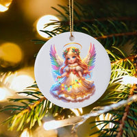 Rainbow Wings Guardian Angel Ornament, Adorable Angel Ceramic Christmas Ornament, Porcelain Holiday Tree Keepsake, Religious Present for Girls