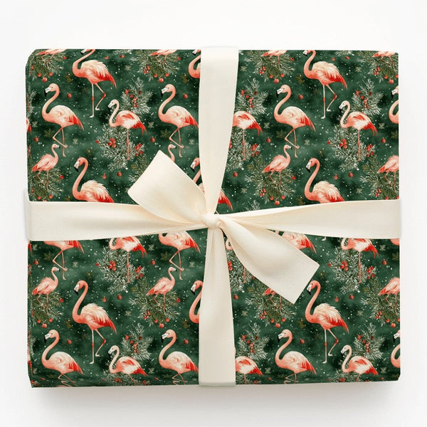 Snowy Pine Red Berry Gift Wrap, Pink Flamingo Christmas Wrapping Paper, Tropical Holiday Wrapping Paper, Coastal Winter Gift 