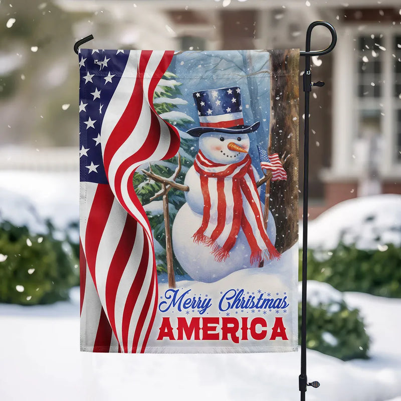 Merry Christmas America Yard Flag, Patriotic Snowman Garden Flag, Double-Sided Winter Holiday Lawn Flag, USA Xmas Outdoor Decor Flag