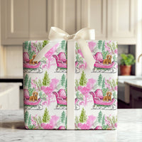 Pink Sleigh Dog Gift Wrap, Dachshund Christmas Wrapping Paper, Watercolor Weiner Dog Wrapping Paper, Festive Puppy Holiday Gift Wrap Roll