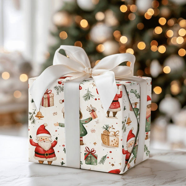 Adorable Holiday Elves Gift Wrap, Whimsical Santa and Elf Wrapping Paper, Watercolor Christmas Wrapping Paper, Kids Festive P