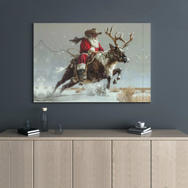 Rustic Western Christmas Wall Art, Cowboy Santa Riding Reindeer Canvas, Country Xmas Canvas Print, Holiday Canvas Decor, West
