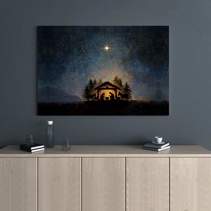 Starry Night Holy Family Canvas, Nativity Scene Canvas Wall Art, Christian Christmas Wall Decor, Holy Night Canvas Print, Faith Holiday Present