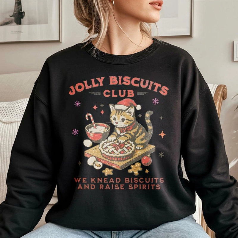 Vintage Cat Baking Christmas Sweatshirt, Jolly Biscuits Club Sweatshirt, Adorable Cat Lover Holiday Crewneck, Festive Xmas Graphic Pullover