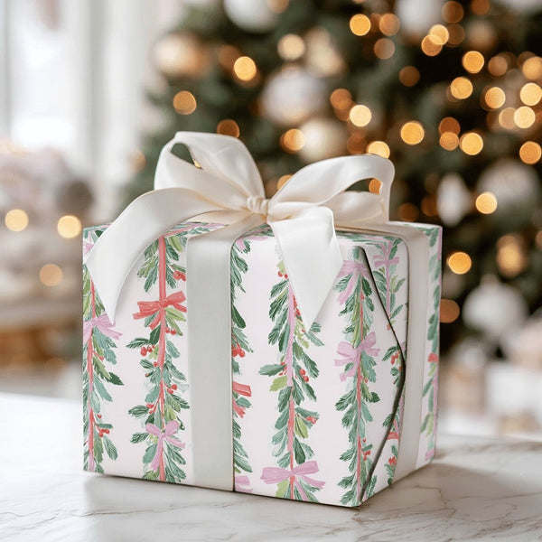 Pink Red Bows Gift Wrap, Watercolor Christmas Garland Wrapping Paper, Festive Botanical Wrapping Paper Roll, Elegant Holiday 