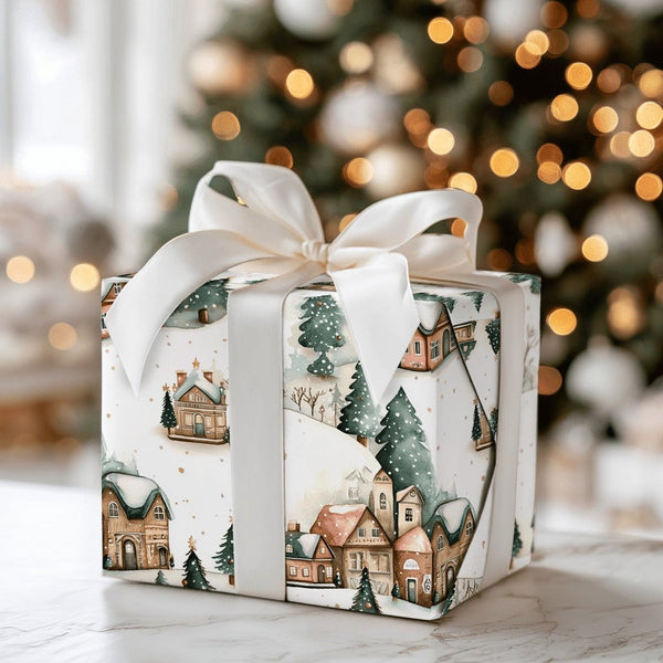 Watercolor Winter Cottage Gift Wrap, Snowy Village Christmas Wrapping Paper, Pine Tree Holiday Wrapping Paper, Scenic Xmas Gi