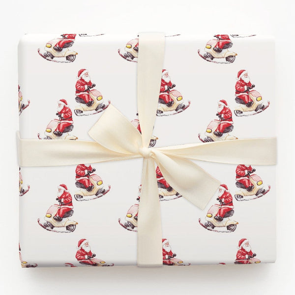 Watercolor Santa Scooter Gift Wrap, Santa Riding Scooter Wrapping Paper, Whimsical Christmas Wrapping Paper, Holiday Present 
