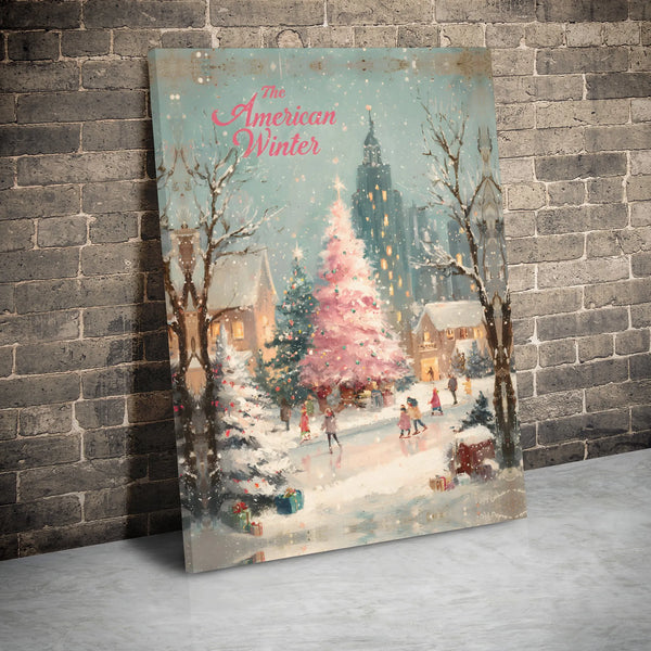 American Winter Canvas Wall Art, Winter Ice Skating Canvas Art, Vintage Christmas Canvas Print, Holiday Wall Decor, Winter Sc