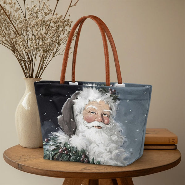 Classic Christmas Holly Tote Bag, Vintage Santa Claus Tote Bag, Retro Holiday Shoulder Handbag, Festive Xmas Everyday Carryal
