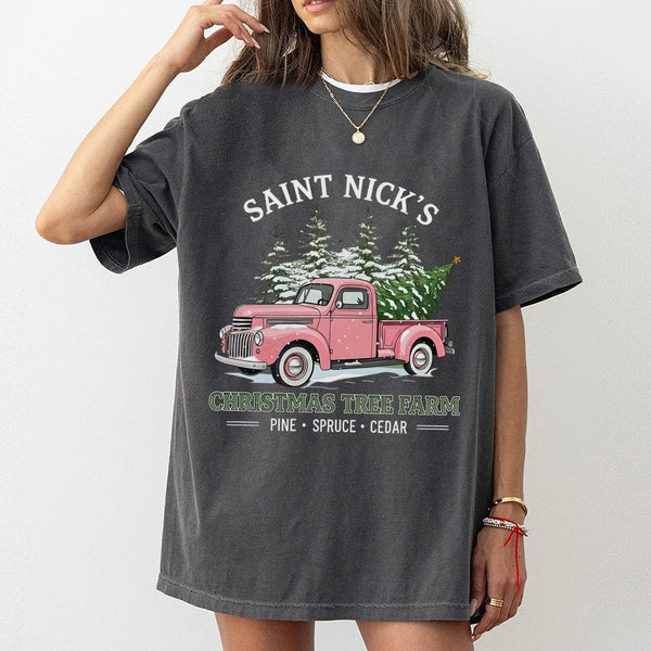 Pink Vintage Truck T-Shirt, Saint Nick's Christmas Tree Farm T-Shirt, Retro Holiday Farm Graphic T-Shirt, Adorable Xmas Tree 
