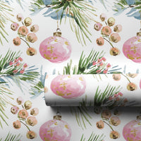 Watercolor Ornament Holiday Gift Wrap, Pink Christmas Wrapping Paper, Pine and Berry Wrapping Paper, Elegant Winter Wrapping Paper Roll