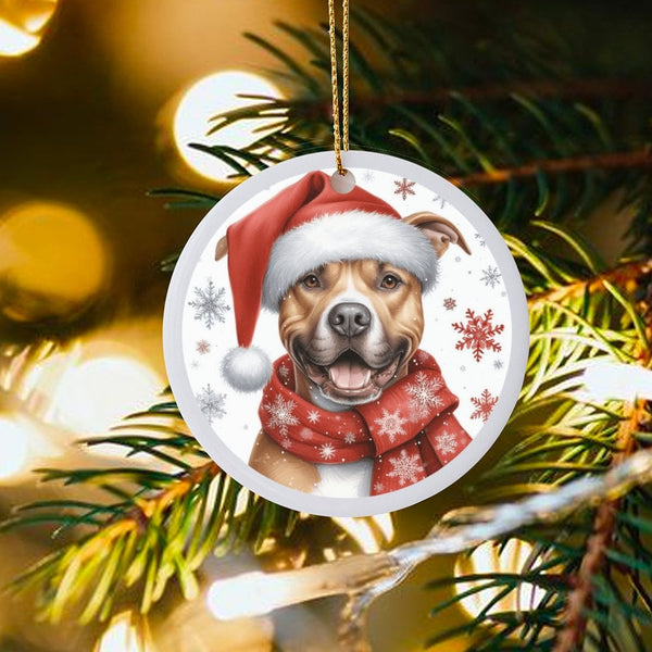 Santa Hat Dog Ornament, Pit Bull Christmas Ornament, Festive Pitbull Ceramic Ornament, Pet Lover Keepsake, Holiday Tree Decor