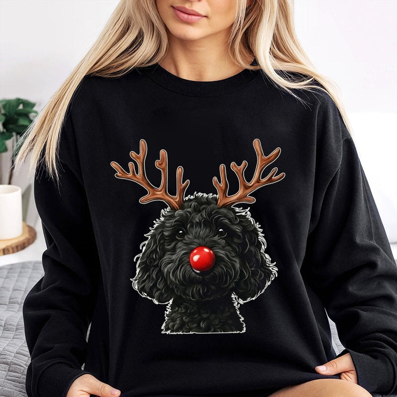 Reindeer Dog Holiday Sweater, Black Goldendoodle Christmas Sweatshirt, Adorable Doodle Dog Xmas Crewneck, Dog Mom Dog Dad Pullover Present
