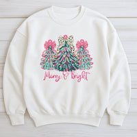 Leopard Print Tree Sweatshirt, Merry and Bright Christmas Sweatshirt, Colorful Holiday Crewneck, Festive Winter Pullover, Xmas Present for Her