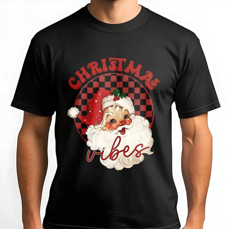 Retro Santa Buffalo Plaid Shirt, Christmas Vibes T-Shirt, Vintage Holiday Graphic Tee, Festive Buffalo Plaid Christmas Tee Present