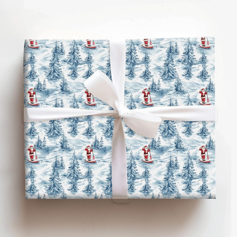 SUP Christmas Gift Wrap, Paddleboarding Santa Wrapping Paper, Winter Forest Holiday Present Paper, Adorable Coastal Xmas Gift Wrap Roll