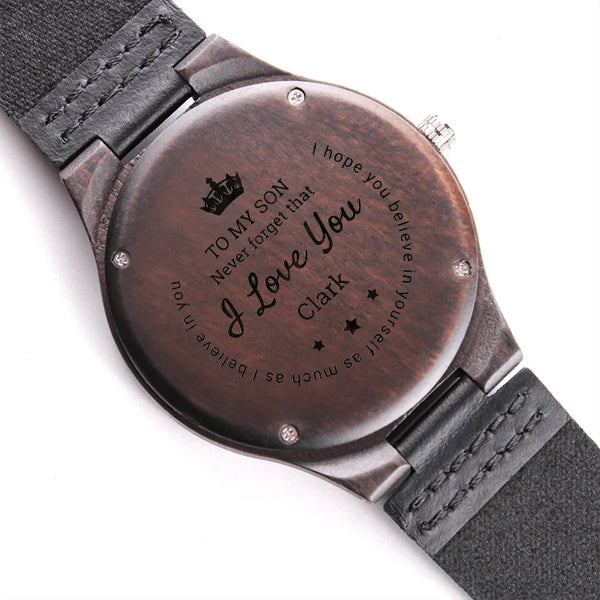 Engraved Sandalwood Watch, Personalized Wooden Watch for Son, Mens Leather Strap Timepiece, Birthday or Christmas Present fro