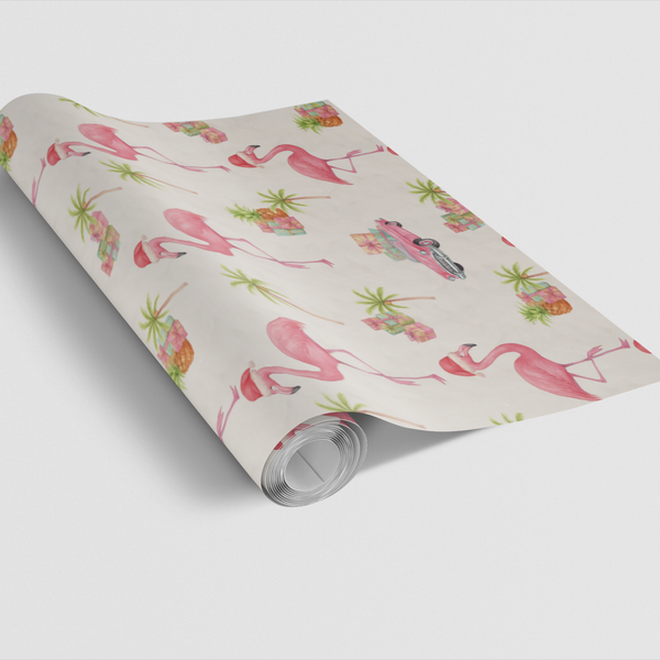 Flamingo Palm Tree Holiday Gift Wrap, Tropical Christmas Wrapping Paper, Coastal Beachy Present Paper, Festive Summer Xmas Gi