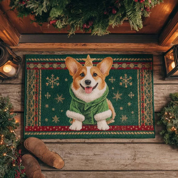 Adorable Holiday Dog Welcome Mat, Starry Christmas Corgi Doormat, Winter Festive Entryway Mat, Non Slip Corgi Lover Door Mat,