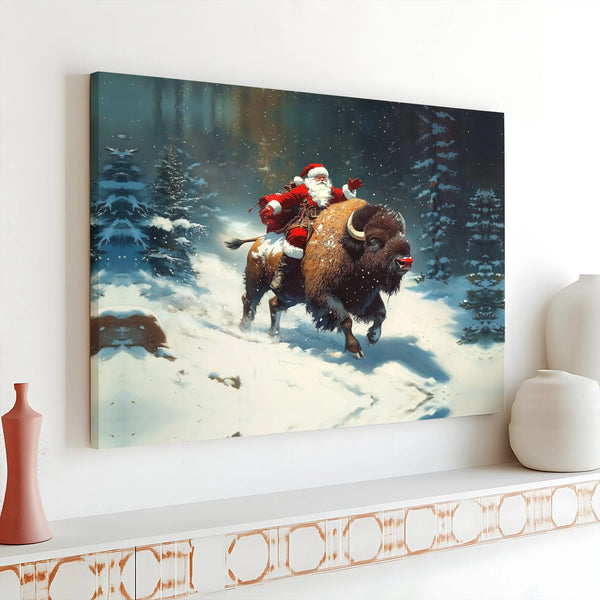Whimsical Snowy Forest Christmas Canvas Print, Santa Riding Bison Canvas Wall Art, Holiday Buffalo Canvas Decor, Winter Holid