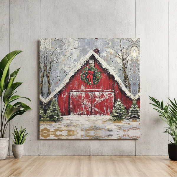 Snowy Winter Farmhouse Painting Print, Red Barn Christmas Canvas Wall Art, Digital Download Rustic Holiday Decor, Country Xma
