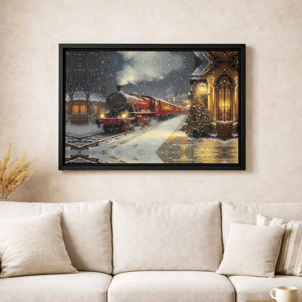 Snowy Railway Station Canvas Print, Christmas Steam Train Canvas Wall Art, Festive Winter Holiday Canvas, Train Lover Wall De