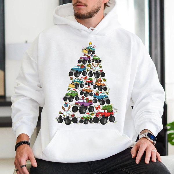 Festive Off Road Vehicle Hoodie, Monster Truck Christmas Tree Hoodie, Humorous Xmas Graphic Sweatshirt, Truck Lover Hoodie, H