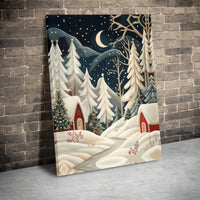 Snowy Winter Night Cabin Wall Art, Christmas Village Canvas Print, Comfy Holiday Landscape Decor, Xmas Digital Download Home Decor