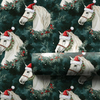 White Stallion Santa Hat Gift Wrap, Horse Christmas Wrapping Paper, Equestrian Christmas Wrapping Paper, Holiday Horse Wrapping Paper Roll