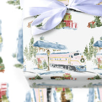 Watercolor Snowy Station Gift Wrap, Christmas Train Wrapping Paper, Vintage Holiday Train Wrapping Paper, Winter Gift Wrap, Pink Train Paper