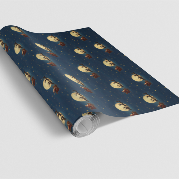 Santa and Reindeer Christmas Gift Wrap, Midnight Sleigh Ride Wrapping Paper, Festive Winter Night Present Paper Roll for Pres