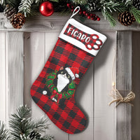 Red Buffalo Plaid Holiday Stocking, Personalized Black Cat Christmas Stocking, Custom Pet Name Stocking, Velboa Cat Lover Holiday Decor