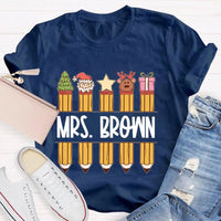 Custom Name Holiday Graphic Tee, Personalized Christmas Pencil Shirt, Adorable Teacher Christmas T-Shirt, Back to School Xmas Season Present