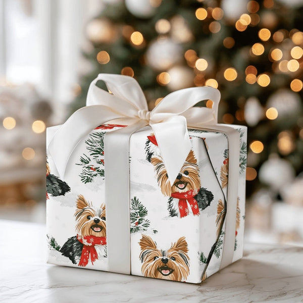 Festive Winter Yorkie Gift Wrap, Yorkshire Terrier Wrapping Paper, Red Scarf Holiday Dog Wrapping Paper, Adorable Puppy Chris