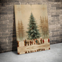 Children in Snowy Forest Canvas, Vintage Christmas Tree Canvas Print, Winter Wonderland Wall Art, Retro Holiday Wall Decor, Xmas Canvas Art