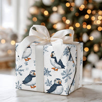 Winter Snowflake Gift Wrap, Puffin Bird Wrapping Paper, Adorable Arctic Animal Wrapping Paper, Christmas Holiday Gift Wrap Roll, Birthday Paper