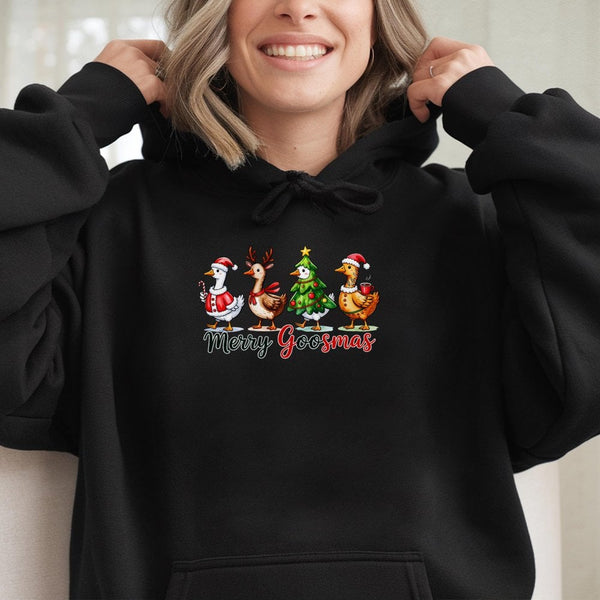 Humorous Christmas Goose Sweatshirt, Merry Goosmas Hoodie, Adorable Farm Animal Hooded Pullover, Holiday Bird Sweater, Xmas P