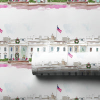 Patriotic Watercolor Gift Wrap, White House Christmas Wrapping Paper, Holiday Landmark Present Wrap, Festive Winter Seasonal Present Paper