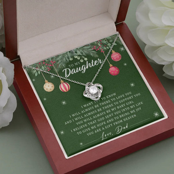 Message Card Love Knot Necklace, Daughter Love Knot Necklace from Dad, Christmas Love Knot Jewelry, CZ Pendant Necklace, Pres