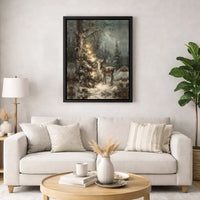 Winter Forest Fawn Wall Art, Christmas Deer Digital Download, Vintage Lit Tree Canvas Wall Art, Holiday Nature Lover Printable Wall Art